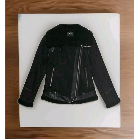 Zara Biker Moto Double Faced Jacket Faux Leather Shearling Black NOWT - Picture 5 of 8